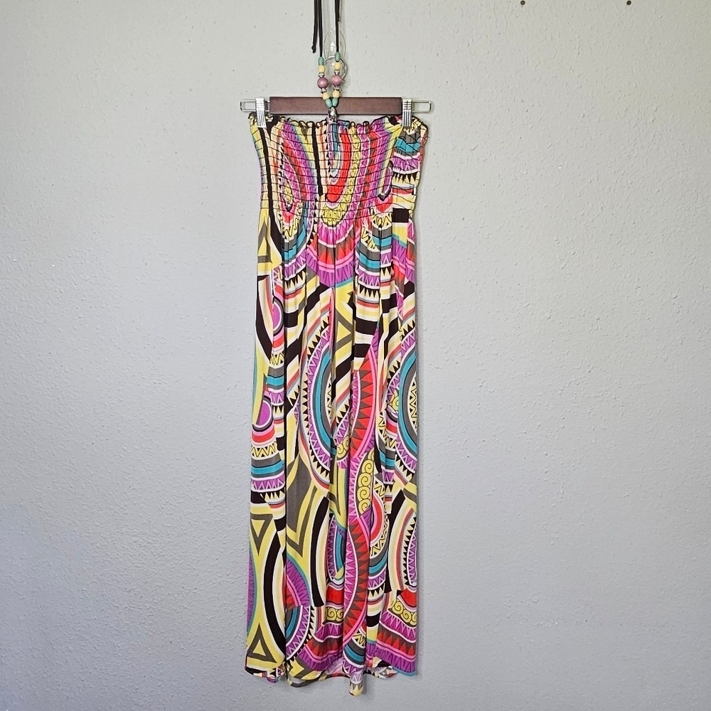 1.2.3 Womens Small Geometric Tribal Print Smocked Strapless Maxi Dress Necklace